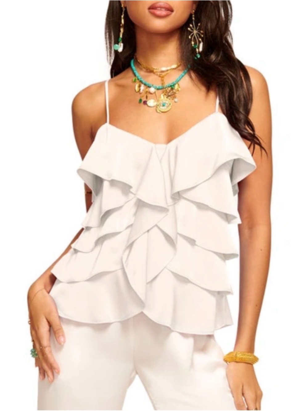 Ramy Brook White Ruffled V-Neck Spaghetti Strap Cami